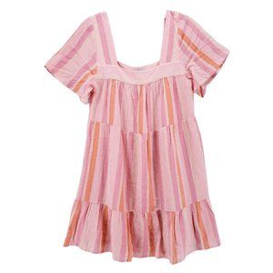 RAILS Valentina Dawn Stripe Mini Dress Pink Orange Linen Blend Tiered MEDIUM